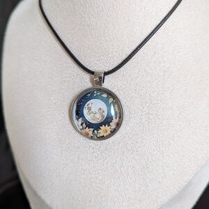 Elegant Floral Moon Pendant Necklace with Black Cord